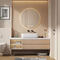 Elegant Modern Bathroom Sink Vanity Design With Round Lighted Mirror Beige Wall And Wooden Cabinets