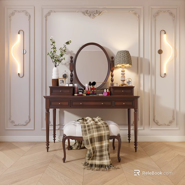 Dark Wooden Dressing Table With Round Mirror Plaid Blanket Stool And Warm Wall Sconces 3d model 