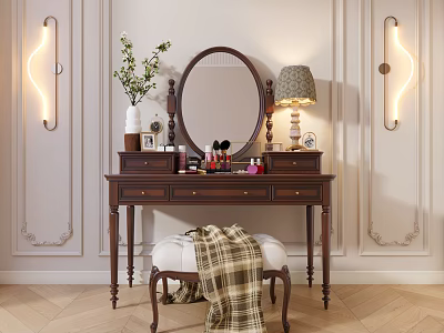 Dark Wooden Dressing Table With Round Mirror Plaid Blanket Stool And Warm Wall Sconces 3d model