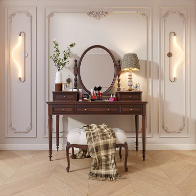 Dark Wooden Dressing Table With Round Mirror Plaid Blanket Stool And Warm Wall Sconces 3d model