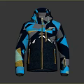 Stylish Hooded Jacket With Blue Gray Yellow Geometric Patterns And Front Zipper