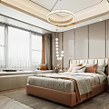 Elegant Modern Bedroom Interior With Upholstered Bed Round Chandelier Side Tables And Carpet