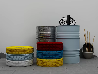 Colorful Stacked Tyres With Metal Barrels Bicycle Model On Gray Tiled Floor 3d model