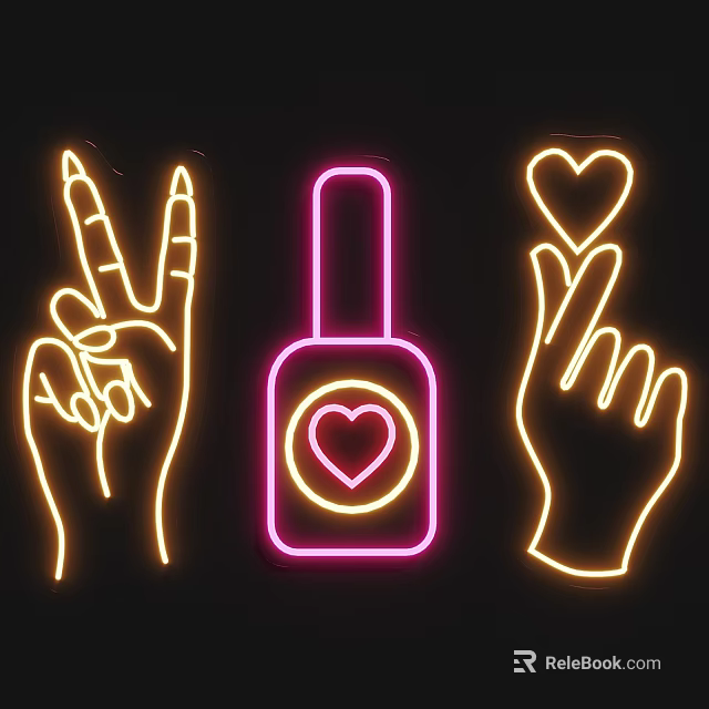 Neon Hand Gestures With Peace Sign Heart Sign And Nail Polish Bottle 3d model 