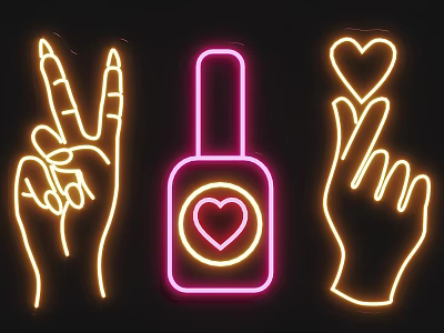 Neon Hand Gestures With Peace Sign Heart Sign And Nail Polish Bottle 3d model