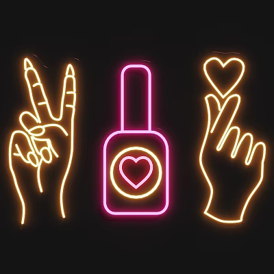 Neon Hand Gestures With Peace Sign Heart Sign And Nail Polish Bottle 3d model