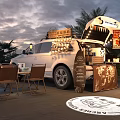 Jack's Mobile Café With White Vehicle Sunset Background Palm Trees Tables And World Map Decor