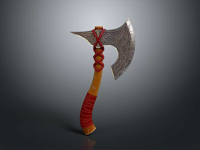 Decorative Axe With Intricate Carved Blade And Orange Wooden Handle Red Wrapped 3d model