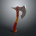 Decorative Axe With Intricate Carved Blade And Orange Wooden Handle Red Wrapped