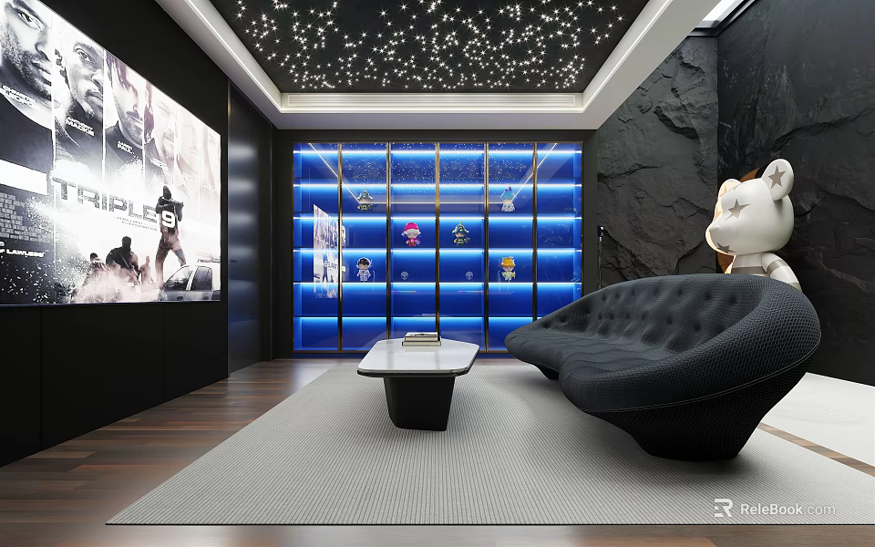 Modern Study Room With Starry Ceiling Display Shelves Collectibles And Black Sofa 3d model 