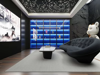 Modern Study Room With Starry Ceiling Display Shelves Collectibles And Black Sofa 3d model