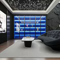 Modern Study Room With Starry Ceiling Display Shelves Collectibles And Black Sofa