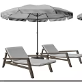 Outdoor Wooden Lounge Chairs With Light And Dark Colors Under White Umbrellas