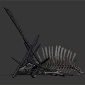 Large Fish Skeleton And Metal Structures On Deserted Archaeological Ground 3d model