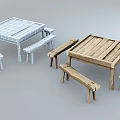 Wooden Slatted Top Table with Benches and Light Colored Grid Pattern Set 3d model