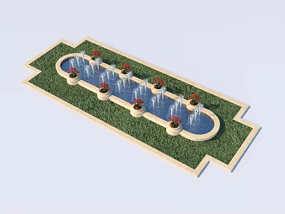 Landscaped Garden With Curved Water Pool Fountains Lawn And Red Flower Pots 3d model