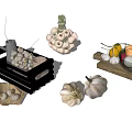 Fresh Garlic Bunches Cloves and Bulbs Displayed on Tray Wooden Board and Burlap