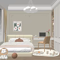 Kids Room Interior With Bed Desk Chair Toys Chandelier And Flower Painting
