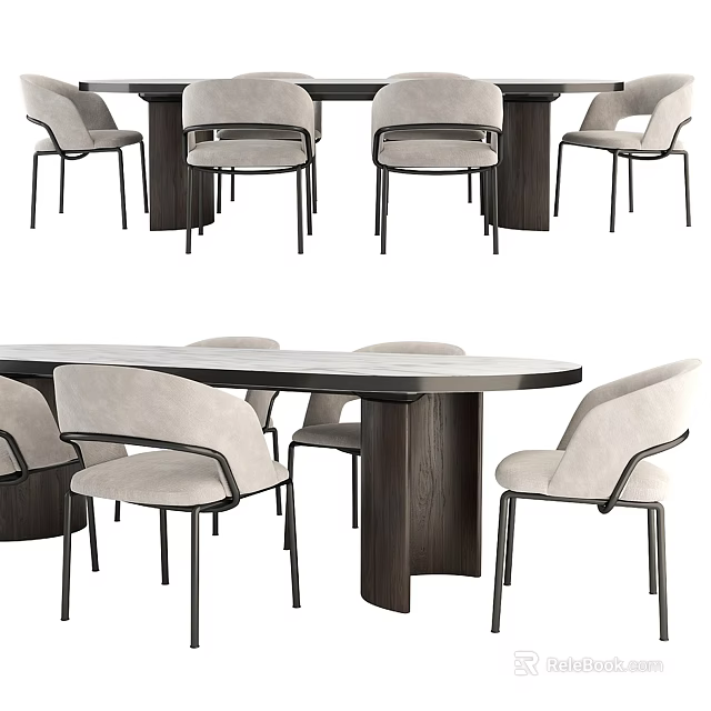 Modern Dining Table Set With Beige Upholstered Chairs And Wooden Top 3d model 