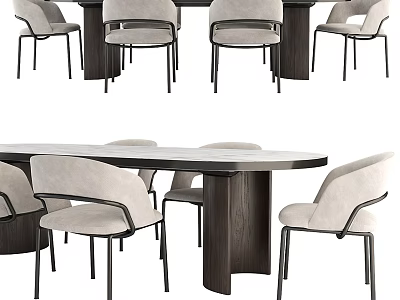 Modern Dining Table Set With Beige Upholstered Chairs And Wooden Top 3d model