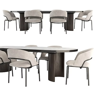 Modern Dining Table Set With Beige Upholstered Chairs And Wooden Top 3d model