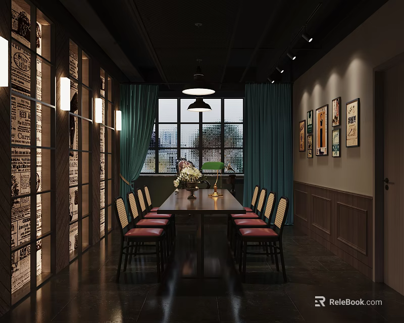 Vintage Dining Room Interior With Long Table Green Curtains Framed Artworks And Pendant Light 3d model 