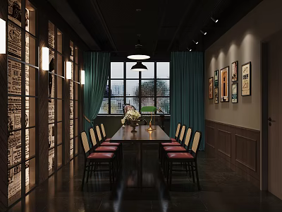 Vintage Dining Room Interior With Long Table Green Curtains Framed Artworks And Pendant Light 3d model