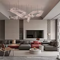 Modern Luxury Living Room Interior With Gray Sectional Sofa Artistic Chandelier And Fireplace Decor