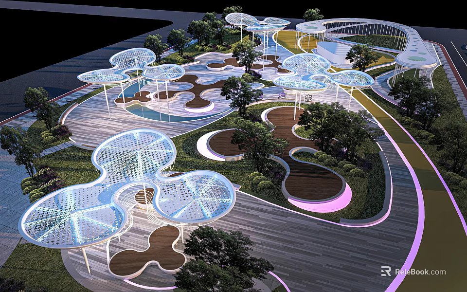Modern Park Landscape Design With Transparent Canopy Structures Winding Paths Trees And Lighting 3d model