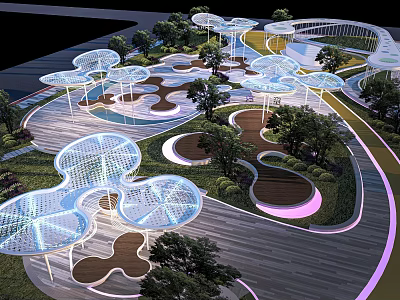 Modern Park Landscape Design With Transparent Canopy Structures Winding Paths Trees And Lighting 3d model