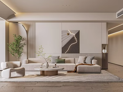 Modern Minimalist Living Room Interior With Beige Sofa Round Coffee Table And Abstract Painting 3d model