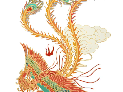 Chinese Style Phoenix Wall Decor With Golden Feathers And Cloud Patterns 3d model