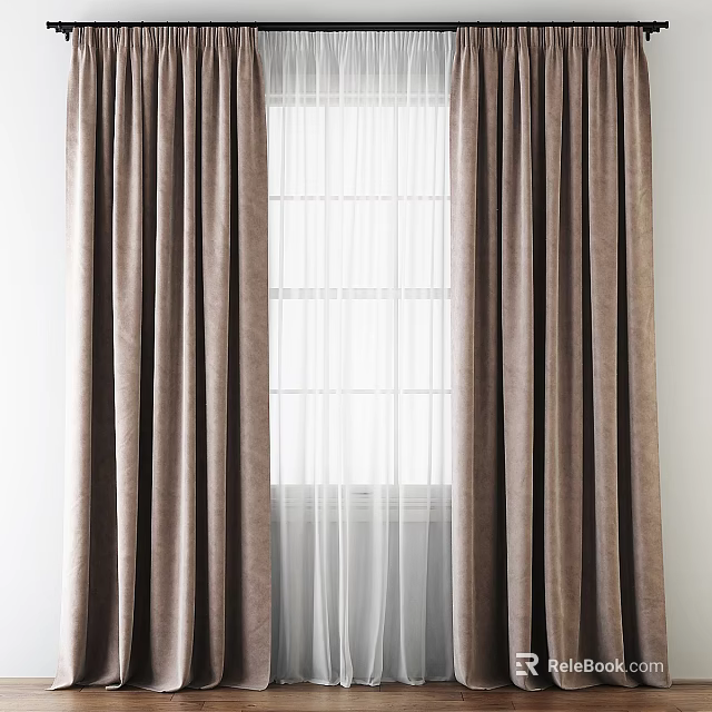 Modern Brown Velvet Curtains Design With White Sheer Curtain And Window 3d model 