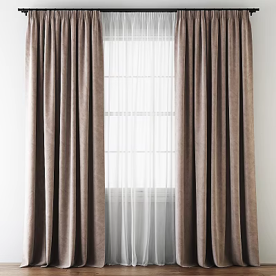 Modern Brown Velvet Curtains Design With White Sheer Curtain And Window 3d model
