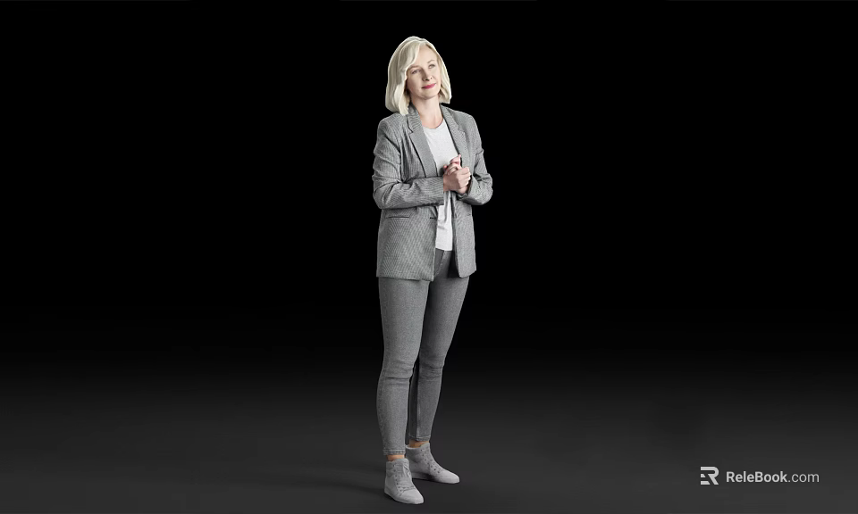 Blonde Woman With Clasped Hands In Gray Blazer White Top Gray Pants On Black Background 3d model 