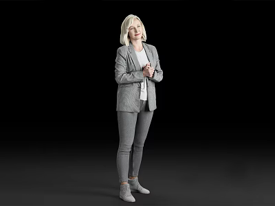 Blonde Woman With Clasped Hands In Gray Blazer White Top Gray Pants On Black Background 3d model