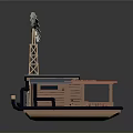 Wooden Model Boat With Tall Tower Blue Red Roof Deck And Seating Area