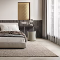 Modern Bedroom Interior Design With Striped Wall Headboard Golden Artwork And Herringbone Rug