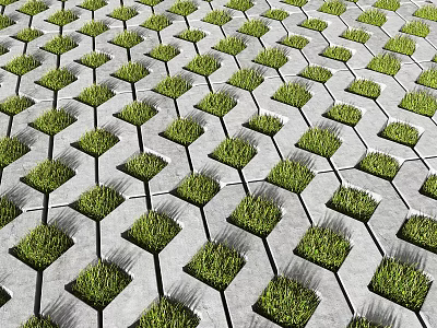 Gray Hexagonal Floor Tiles With Grass Growing Through Neatly Arranged Gaps 3d model