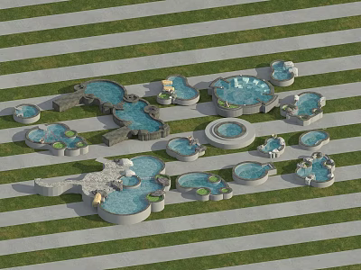 Decorative Garden Ornaments Featuring Various Shaped Ponds With Green Lawn And Gray Striped Ground 3d model