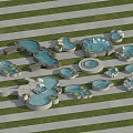 Decorative Garden Ornaments Featuring Various Shaped Ponds With Green Lawn And Gray Striped Ground