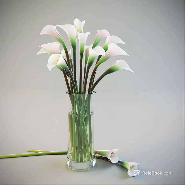 Transparent Glass Vase With White Calla Lilies And Green Stems Decoration 3d model 