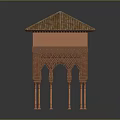 Traditional Architectural Structure With Terracotta Tiled Roof And Intricately Carved Columns
