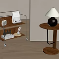 Modern Round Wooden Side Table With Black Base White Lampshade On Wooden Floor