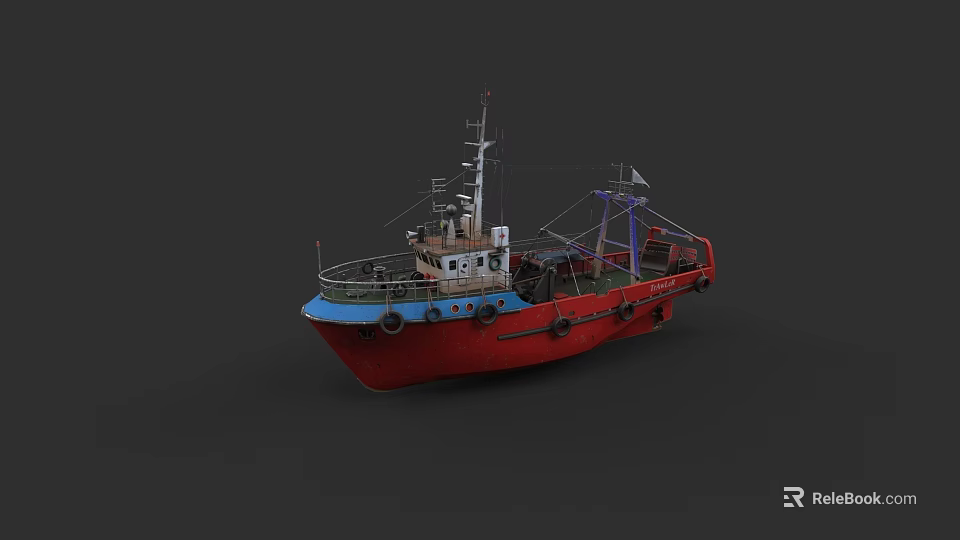 Red And Blue Commercial Ship With Fenders Mast And Deck Equipment 3d model 