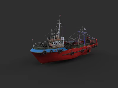 Red And Blue Commercial Ship With Fenders Mast And Deck Equipment 3d model