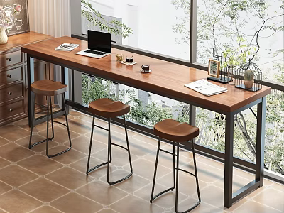 Modern Wooden Bar Counter With Three High Stools Natural Light From Windows Laptop And Plants 3d model