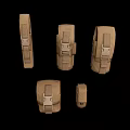 Multiple Beige Tactical Magazine Pouches With Various Shapes Straps And Buckles On Black Reflective Background