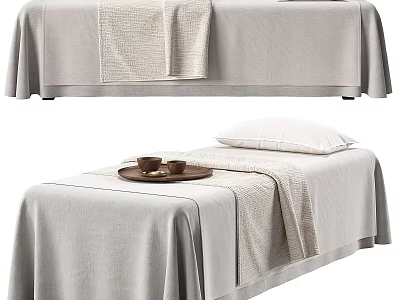 Medical Equipment Physiotherapy Treatment Bed with Gray Sheets Towels Pillow and Tray for Rehabilitation 3d model