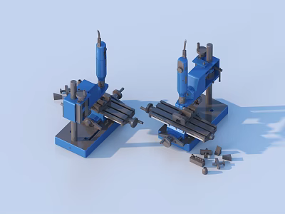 Two Blue Industrial Equipment Units With Metal Worktables And Tools 3d model